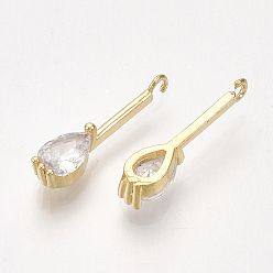 Real 18K Gold Plated Brass Cubic Zirconia Pendants, teardrop, Real 18K Gold Plated, Clear, 15~16x3x2.5mm, Hole: 1mm