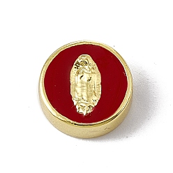 FireBrick Real 18K Gold Plated Brass Enamel Beads, Long-Lasting Plated, Religion, Cadmium Free & Lead Free, Flat Round with Virgin Mary, FireBrick, 11x4.5mm, Hole: 1.8mm