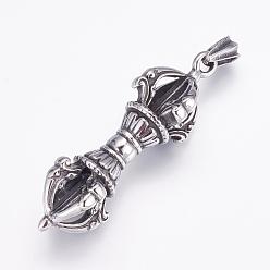 Antique Silver 304 Stainless Steel Buddhist Pendants, Dorje Vajra, Big Pendants, Antique Silver, 57x18mm, Hole: 4.5x6.5mm