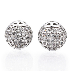 Real Platinum Plated Rhodium Plated 925 Sterling Silver Micro Pave Cubic Zirconia Beads, Round, Nickel Free, Real Platinum Plated, 8mm, Hole: 1mm