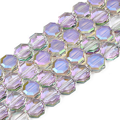 Lila Hebras de perlas de vidrio translúcido electrochapado, medio chapado, facetados, octágono, lila, 7~8x7~8x4 mm, agujero: 1.2 mm, sobre 72 unidades / cadena, 20.47 pulgada (52 cm)