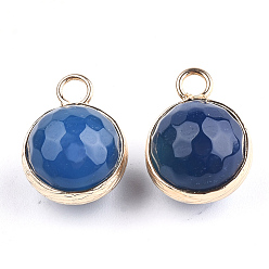 Marine Blue Natural Agate Pendants, with Brass Findings, Cadmium Free & Nickel Free & Lead Free, Faceted, Dyed, Round, Golden, Marine Blue, 13~16x9~12x8~11mm, Hole: 2mm