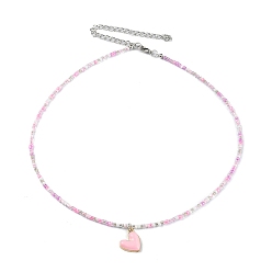 Pink Alloy Enamel Heart Charm Necklace, Glass Seed Beaded Necklace for Women, Pink, 17.13 inch(43.5cm)