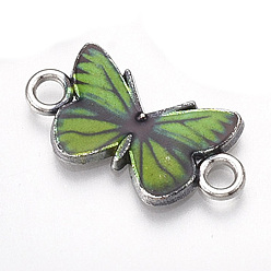 Lime Green Printed Alloy Connector Charms, with Enamel, Butterfly Link, Cadmium Free & Lead Free, Platinum, Lime Green, 12x23x2mm, Hole: 2.5mm