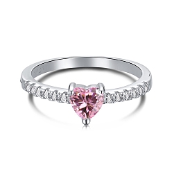Pearl Pink Rhodium Plated 925 Sterling Silver Finger Rings, Birthstone Ring, Engagement Ring, with Cubic Zirconia Heart & 925 Stamp for Women, Real Platinum Plated, Pearl Pink, 1.7mm, US Size 7(17.3mm)