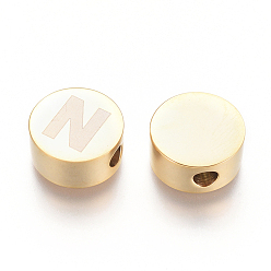 Letter N 304 Stainless Steel Beads, Flat Round with Letter, Letter.N, 10x4.5mm, Hole: 2mm