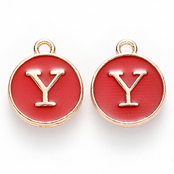 Letter Y Golden Plated Alloy Charms, with Enamel, Enamelled Sequins, Flat Round, Red, Letter.Y, 14x12x2mm, Hole: 1.5mm, 50pcs/Box