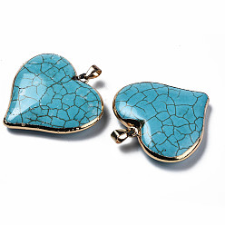Dark Cyan Synthetic Turquoise Pendants, with Golden Plated Brass Edge and Loop, Rack Plating, Heart, Dark Cyan, 44x44x10.5mm, Hole: 4x7.5mm