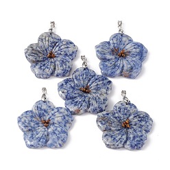 Jaspe Avec Point Bleu Gros pendentifs en jaspe tache bleue naturelle, charmes de fleur de pêcher, avec bélières en alliage plaqué platine, 57x48x9mm, Trou: 6x4mm