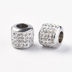 Crystal 304 Stainless Steel European Beads, with Grade A Rhinestone, Large Hole Beads, Barrel, Crystal, 10x9.5mm, Hole: 5mm