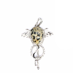 Dalmatian Jasper Natural Dalmatian Jasper Teardrop Pendants, Platinum Tone Brass Key Scepter Wing Charms, 45x35x9mm