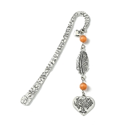 Coral Tree of Life Feather Tibetan Style Alloy Pendant Bookmark with Cat Eye, Tibetan Style Hook Bookmarks, Coral, 123x20mm