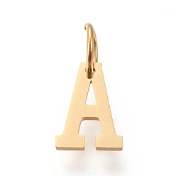 Letter A 304 Stainless Steel Pendants, with Jump Rings, Manual Polishing, Golden, Letter.A, 10x7x1mm, Hole: 4.5mm