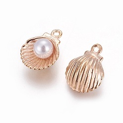 Saumon Clair Pendentifs en émail , avec perles de nacre acrylique, coquille, or et de lumière, saumon clair, 15x11.5x7mm, Trou: 1.4mm