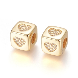 Doré  Micro cuivres ouvrent zircone cubique perles européennes, Perles avec un grand trou   , plaqué longue durée, cube avec motif de coeur, clair, or, 9x9x9.5mm, Trou: 4.5mm