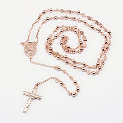 Or Rose Chapelet collier de perles des hommes avec croix crucifix, 304 collier en acier inoxydable pour Pâques, or rose, 18.9 pouce (48 cm)