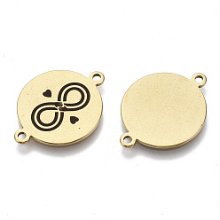 Golden 201 Stainless Steel Enamel Links connectors, for Valentine's Day, Flat Round with Heart & Infinite, Black, Golden, 16x21x1mm, Hole: 1.4mm