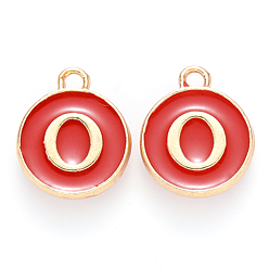 Letter O Golden Plated Enamel Alloy Charms, Enamelled Sequins, Flat Round, Red, Letter.O, 14x12x2mm, Hole: 1.5mm, 100pcs/Box