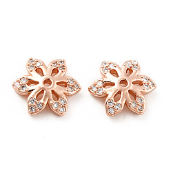 Rose Gold Brass Micro Pave Clear Cubic Zirconia Bead Caps, Cadmium Free & Lead Free, 6-Petal Flower, Rose Gold, 10.5x9x2.5mm, Hole: 1mm