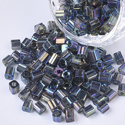 Steel Blue 6/0 Glass Seed Beads, Transparent Colours Rainbow, Square Hole, Cube, Steel Blue, 6/0, 3~5x3~4x3~4mm, Hole: 1.2~1.4mm, about 4500pcs/bag