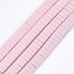 Pink Spray Painted Non-magnetic Synthetic Hematite Multi-Strand Links, Two Hole Carrier Beads, For Tile Elastic Bracelets Making, Rectangle, Pink, 2x5x2mm, Hole: 0.6mm, about 170pcs/strand, 15.9 inch