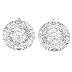 Stainless Steel Color 201 Stainless Steel Filigree Pendants, Etched Metal Embellishments, Flat Round with Sun, Stainless Steel Color, 32.5x30x0.3mm, Hole: 1.6mm