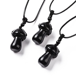 Obsidienne Collier pendentif champignon obsidienne naturelle, collier tressé pochette macramé corde wax pour femme, 29.92 pouce (76 cm)