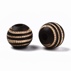 Coconut Brown Painted Natural Wood Beads, Laser Engraved Pattern, Round with Zebra-Stripe, Coconut Brown, 10x8.5mm, Hole: 2.5mm