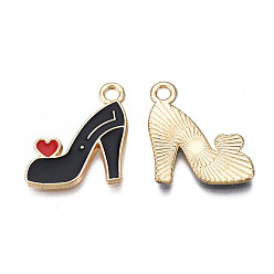 Black Rack Plating Alloy Enamel Pendants, Cadmium Free & Nickel Free & Lead Free, High-Heeled Shoes with Red Heart, Black, 20.5x14x1.2mm, Hole: 1.8mm