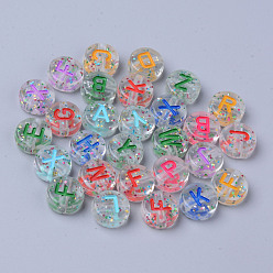 Mixed Color Transparent Clear Acrylic Beads, with Glitter Powder, Horizontal Hole, Flat Round with Random Letters, Mixed Color, 10x4.5mm, Hole: 2mm, about 1580pcs/500g