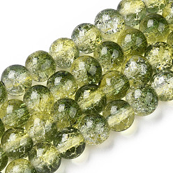 Olive Terne Brins de perles de verre transparentes peintes à la cuisson craquelée bicolore, ronde, vert olive, 8mm, Trou: 1.5mm, Environ 108~110 pcs/chapelet, 30.71 pouces ~ 31.50 pouces (78~80 cm)