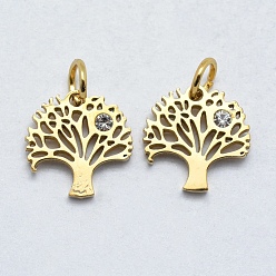 Real 18K Gold Plated 316 Surgical Stainless Steel Pendants, with Cubic Zirconia, Tree, Clear, Real 18K Gold Plated, 12x12x2mm, Hole: 3mm