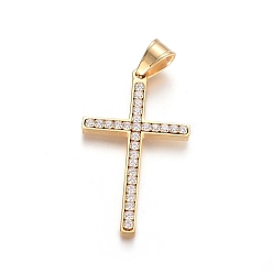 Golden Ion Plating(IP) 304 Stainless Steel Pendants, with Crystal Rhinestone, Cross, Golden, 43.5x25.5x3.5mm, Hole: 5x7.5mm