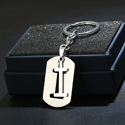 Letter I 201 porte-clés en acier inoxydable, porte-clés étiquette de chien, avec porte-clés en fer plaqué platine, rectangle avec lettre fractionnée, letter.i, 10.5 cm