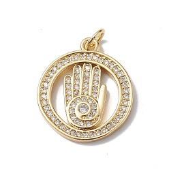 Clear Brass Micro Pave Cubic Zirconia Pendants, Cadmium Free & Lead Free, Real 18K Gold Plated, Long-Lasting Plated, with Jump Ring, Ring with Palm Charm, Clear, 20.5x18x2mm, Hole: 3mm