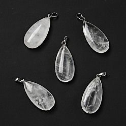Cristal de Quartz Pendeloques de cristal de quartz naturel, pendentifs en cristal de roche, avec les accessoires en laiton de tonalité de platine, larme, 33x15x7~7.5mm, Trou: 5x3.5mm