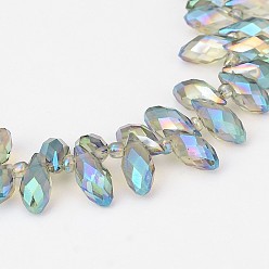Dark Sea Green Electroplate Glass Beads Strands, Top Drilled Beads, Faceted Teardrop, Full Rainbow Plated, Dark Sea Green, 12x6mm, Hole: 1mm, about 100pcs/strand, 15.7 inch