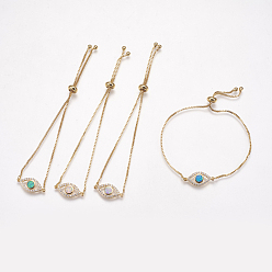 Mixed Color Adjustable Brass Bolo Bracelets, Slider Bracelets, with Synthetic Opal and Cubic Zirconia, Eye, Golden, Mixed Color, 8-3/4 inch(222mm), 1mm, Link: 20x9x3mm