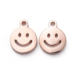 Rose Gold Vacuum Plating 304 Stainless Steel Charms, Cut-Out, Manual Polishing, Hollow, Flat Round with Smile, Rose Gold, 8x6x1mm, Hole: 0.8mm