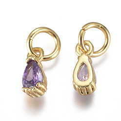 Lilac Brass Micro Pave Cubic Zirconia Charms, with Jump Ring, Long-Lasting Plated, Real 18K Gold Plated, Faceted, Teardrop, Lilac, 8x3x3mm, Hole: 3mm