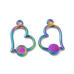 Rainbow Color Revestimiento iónico (ip) 304 colgantes de acero inoxidable, corazón con bandeja redonda, color del arco iris, 14x16x2 mm, agujero: 1.6 mm, Bandeja: 4 mm
