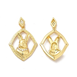 Real 18K Gold Plated Rack Plating Eco-Friendly Brass Micro Pave Cubic Zirconia Pendants, Long-Lasting Plated, Lead Free & Cadmium Free, Rhombus with Rabbit Charm, Real 18K Gold Plated, 29x23x5.5mm, Hole: 7x2mm