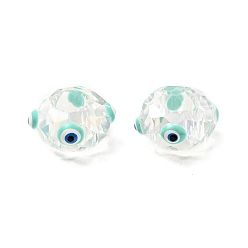 Aquamarine Transparent Glass European Beads, Large Hole Beads, with Enamel, Faceted, Rondelle with Evil Eye Pattern, Aquamarine, 14x8mm, Hole: 6mm