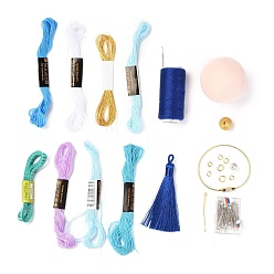 Medium Blue DIY Embroidery Temari Ball Keychain Kits, Including Iron Needles, Tape Measure, Cotton Threads, Metallic Cord, Polyester Threads, Tassels, Iron Eye Pins, Bell, Brass Findings, Mixed Color, 0.05cm, 6 colors, 1bundle/color, 6 bundles