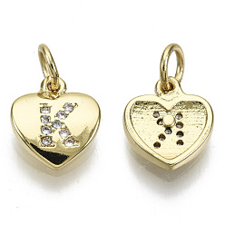 Letter K Brass Micro Pave Clear Cubic Zirconia Charms, with Jump Ring, Heart with Letter, Real 16K Gold Plated, Nickel Free, Letter.K, 10x9x2mm, Jump Ring: 5x1mm, 3mm inner diameter