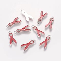 Red Alloy Enamel Pendants, Lead Free and Cadmium Free, Aids Awareness Ribbon, Platinum Metal Color, Red, 19x8x1mm, Hole: 2mm