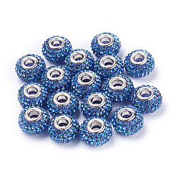 Saphir Qualité perles Européennes strass, Perles avec un grand trou   , résine, avec noyau en laiton plaqué couleur argent, rondelle, saphir, 15x10mm, Trou: 5mm