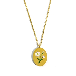 September Aster Birth Month Flower Style Titanium Steel Oval Pendant Necklace, Golden, September Aster, 15.75 inch(40cm)