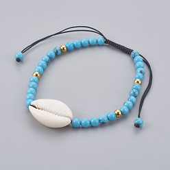 Synthetic Turquoise Synthetic Turquoise(Dyed) Braided Bead Bracelets, with Cowrie Shell, 2 inch~3-1/8 inch(5~8cm)