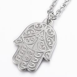 Stainless Steel Color 304 Stainless Steel Pendant Necklaces, with Lobster Claw Clasps, Faceted, Hamsa Hand/Hand of Fatima/Hand of Miriam, Stainless Steel Color, 17.32 inch(44cm), 3.5mm
